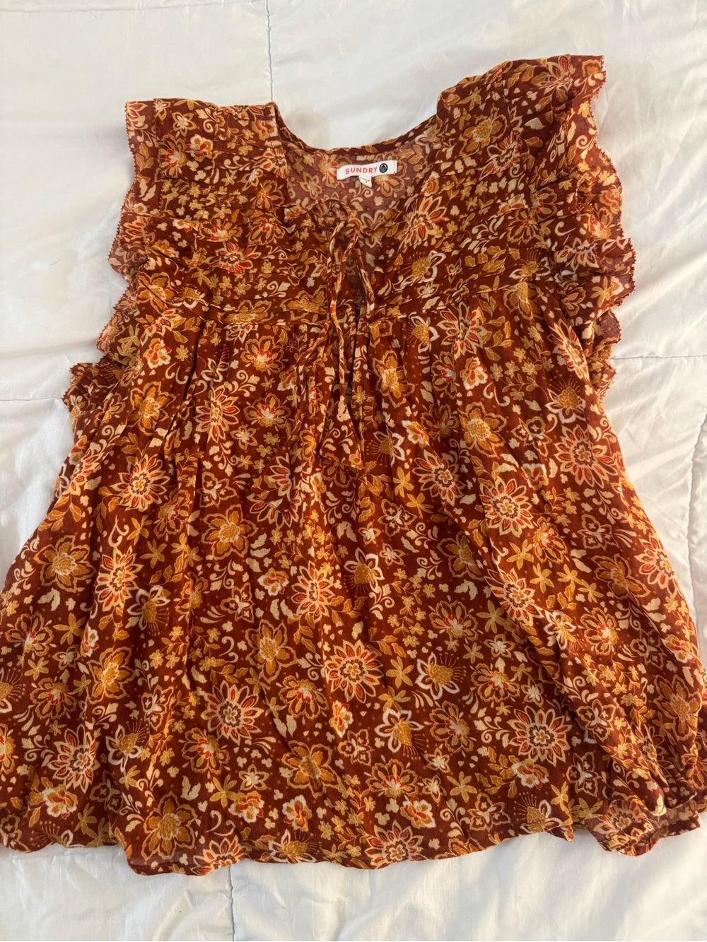 Sundry Burnt Orange Floral Tie-Front Ruffle Sleeve Tunic